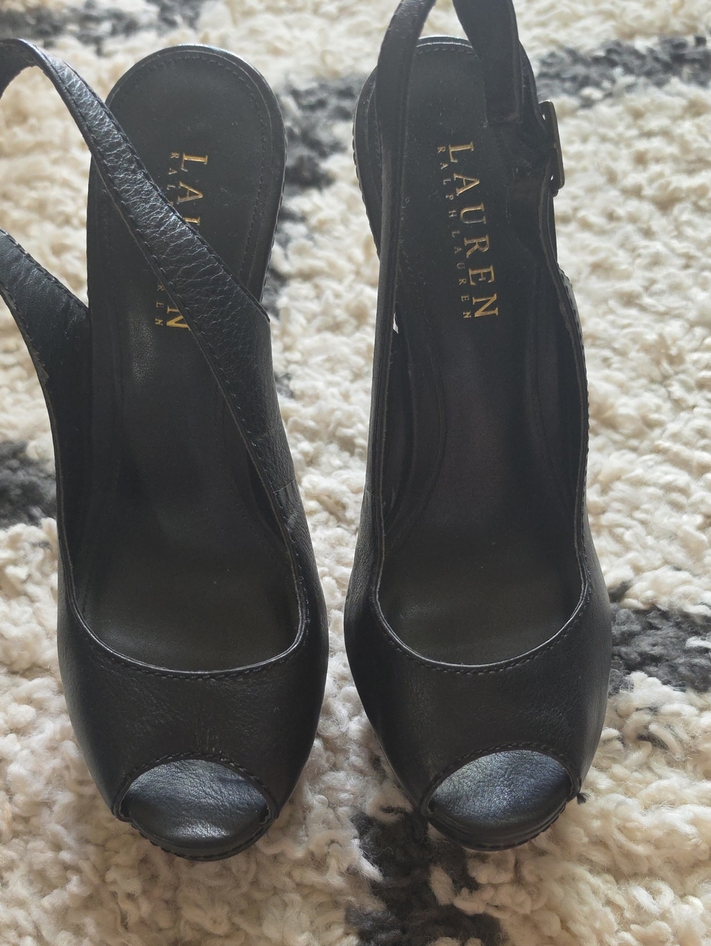 Lauren Ralph Lauren Black Leather Peep-Toe Slingback Heels